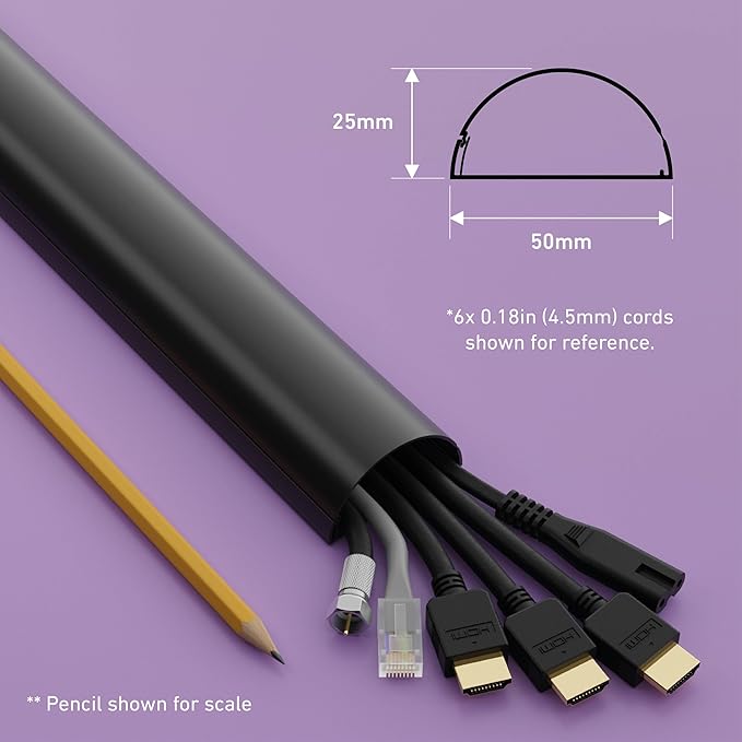 D-Line Half Round Cord Hider, Patented Cable Cover, Hide TV Wall Mount Wires, Raceway for Cords, Decorative Wire Covers, Paintable, Adhesive Cable Concealer, 2X 2in W x 1in H x 39in L, Black