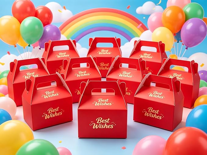 XAGLVV 24 Pack Red Cardboard Gable Boxes with Handles,Treat Goodie Party Favor Gift Box for Wedding, Birthday, Baby Shower and Any Theme Party