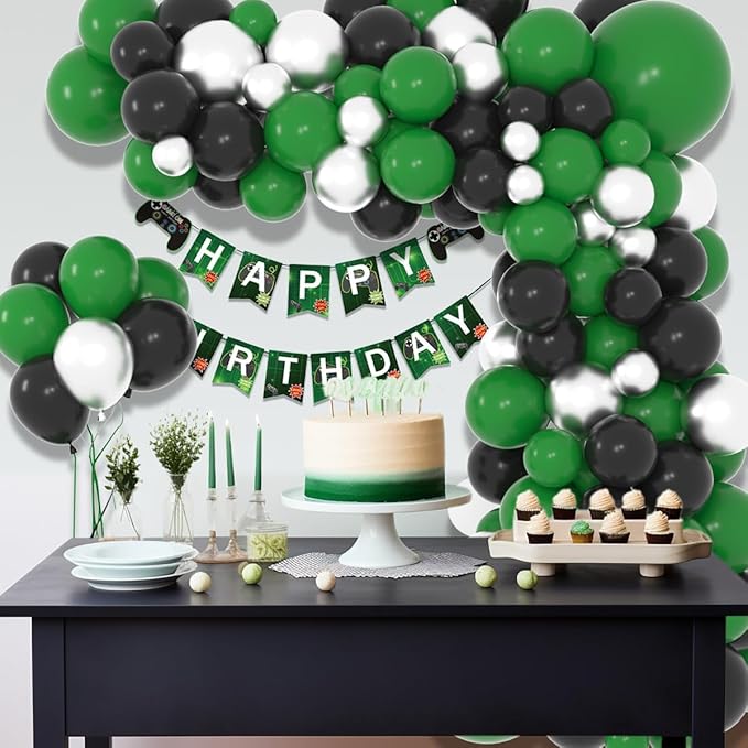 Green, Black, Metallic Silver Balloon Arch Garland Kit - Forest Green Black Balloons Football Birthday Decorations for Jungle Baby Shower Graduation Video Game Birthday Party Decorations