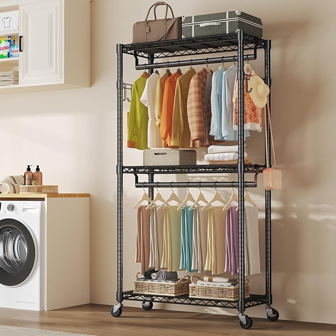 NEWBULIG Heavy Duty Adjustable Clothes Rack with Wheels, Adjustable Rolling Metal Freestanding Garment Closet Organizer with Double Rods & 2 Side Hooks for Hanging Clothes, 35" x 15" x 75", Black