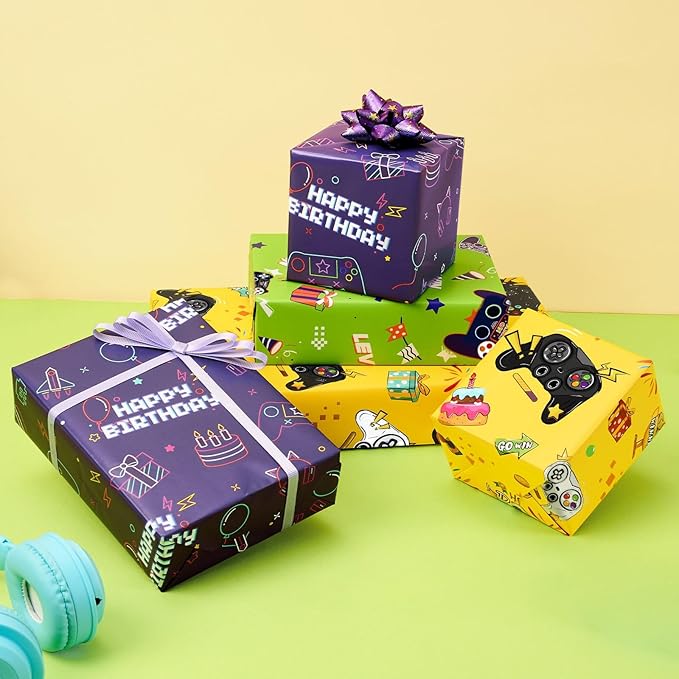 WERNNSAI Gaming Wrapping Paper Rolls - 3 Short Rolls 17 in x 120 in Video Game Wrapping Paper for Kids Boys Birthday Gamer Theme Party Decorative Gift Packing Paper Supply Green Yellow Purplewith Cut Lines