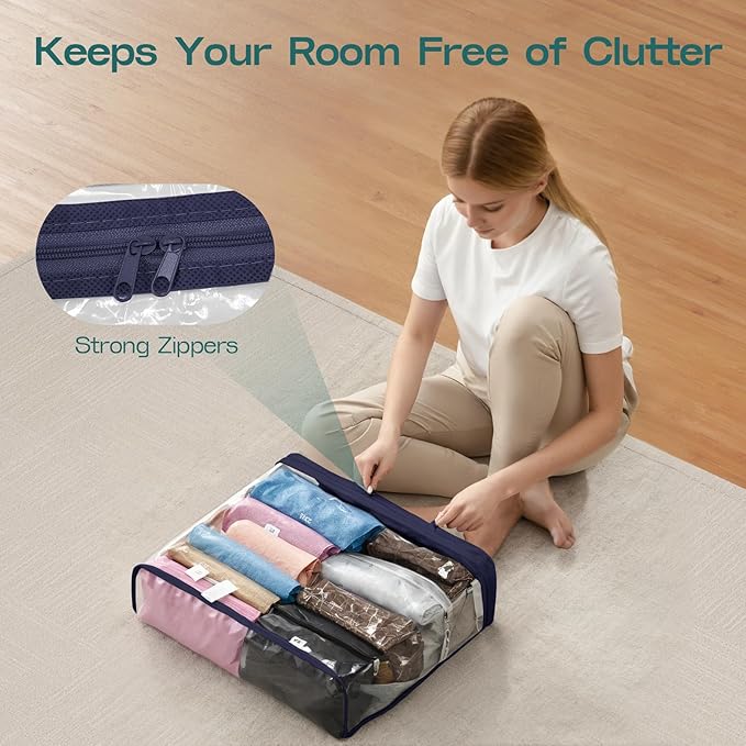 10 Pack Clear Storage Bags for Clothes, 22L Blanket Storage Bags, Under Bed Storage, Closet Organizers Bag, Upgraded Version Two-Way Zippers Design(Navy Blue)