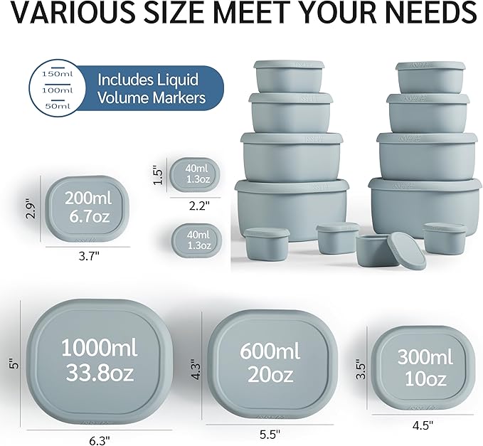 ISSEVE 12Pcs/Set Nesting Silicone Food Storage Containers with Lids, BPA Free Reusable Meal Prep Silicone Containers Airtight, Freezer Dishwasher Safe (33.8oz, 20oz, 10oz, 6.7oz, 1.3oz) (Grey)