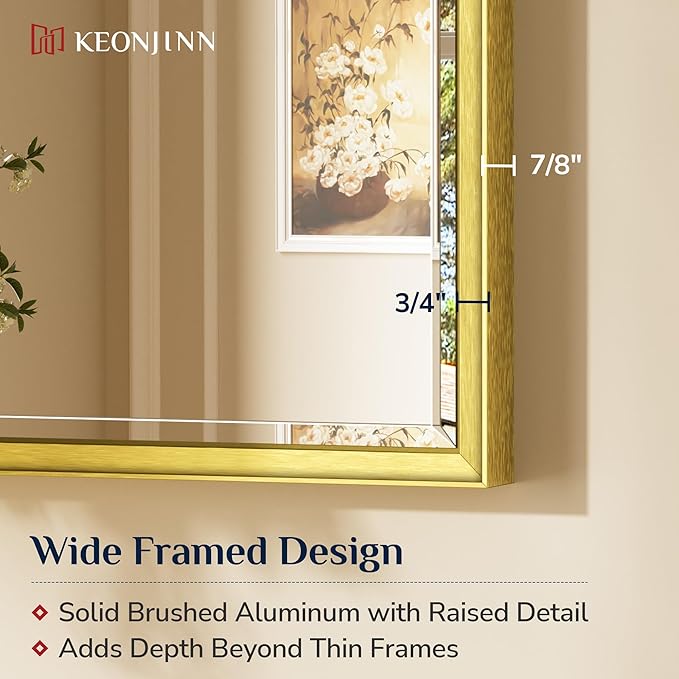 Keonjinn 42" x 36" Gold Mirrors for Bathroom Sink, Brushed Gold Bathroom Vanity Mirror, Beveled Tempered Glass, Aluminum Alloy Frame, Rustproof, Large Rectangle Wall Mirror for Decor, Modern Farmhouse