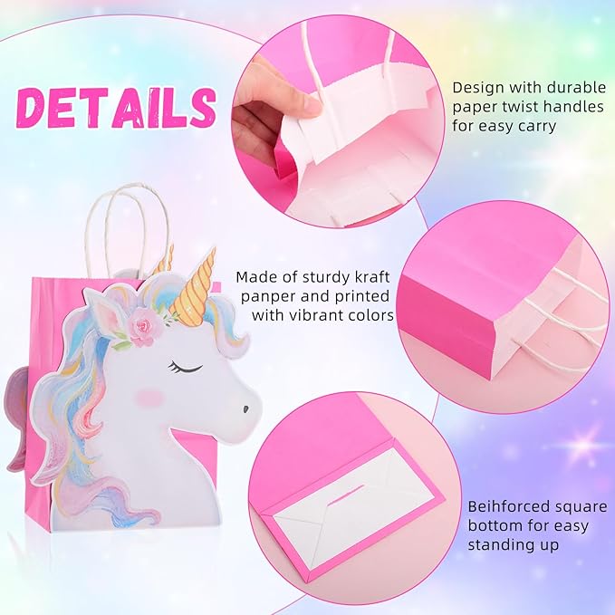 Kolldenn 24 Pack Unicorn Party Favor Bags Goody Bags with 48 Pcs Cardstocks and Handles for Unicorn Birthday Party Gift Goody Treat Candy for Unisex Favors