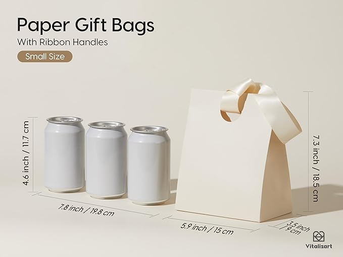 Vitalizart Paper Gift Bags With Ribbon Handles Set of 10 Cream White Bulk Reusable For Gift Wrap Girls Kids Birthday Bridal Shower Party Favors Goodie Bags Candy Christmas 5.91"x3.54"x7.28" Small Size