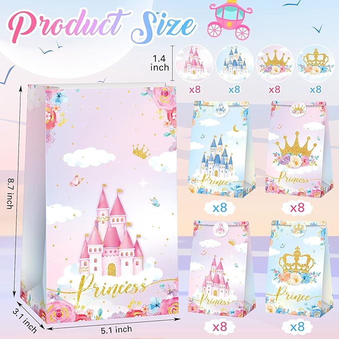 Nezyo 32 pcs Princess Prince Party Favor Bags Princess Themed Crown Castle Bags include 4 Style Sticker Handles Candy Goodie for Gender Reveal Girl Boy Birthday Supplies