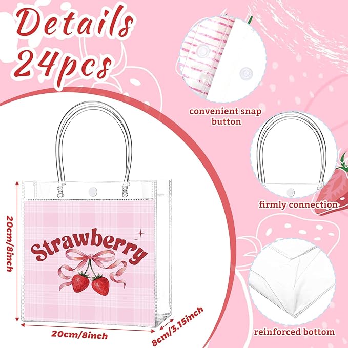 Teenyyou 24 Pcs Strawberry Clear Gift Bags Transparent PVC Tote Bags with Handles Reusable Strawberry Print Goodie Container for Theme Party, Birthday, Baby Shower, Wedding
