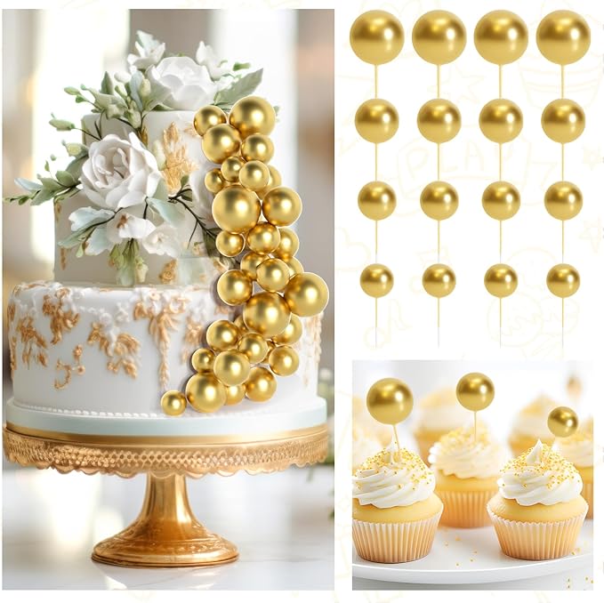 138 Pcs Gold Balls Cake Topper Decorations Balloon Cupcake Toppers Foam Multisize Cake Topper Balls for Graduation Birthday Party Wedding Anniversary