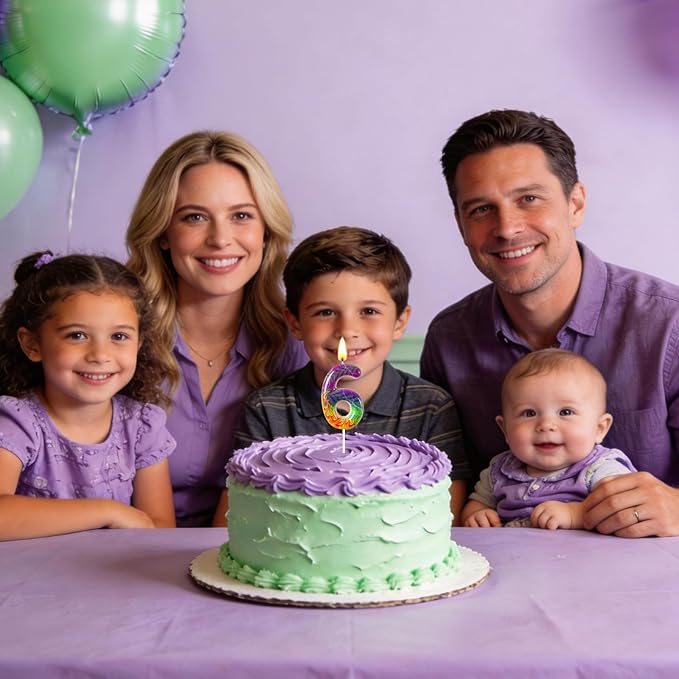 Number 6 Birthday Candle for Cake – Purple Green Flame Design with Lightning & Tire Track Pattern – Off-Road Truck Theme Cake Topper for Birthday Party Decoration