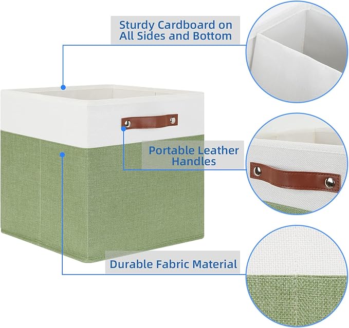 Temary 13 Inch Cube Storage Bin 4 Pack Fabric Storage Cubes Fabric Storage Bin for Shelf, Cube Storage Basket with Leather Handles(White&Green)