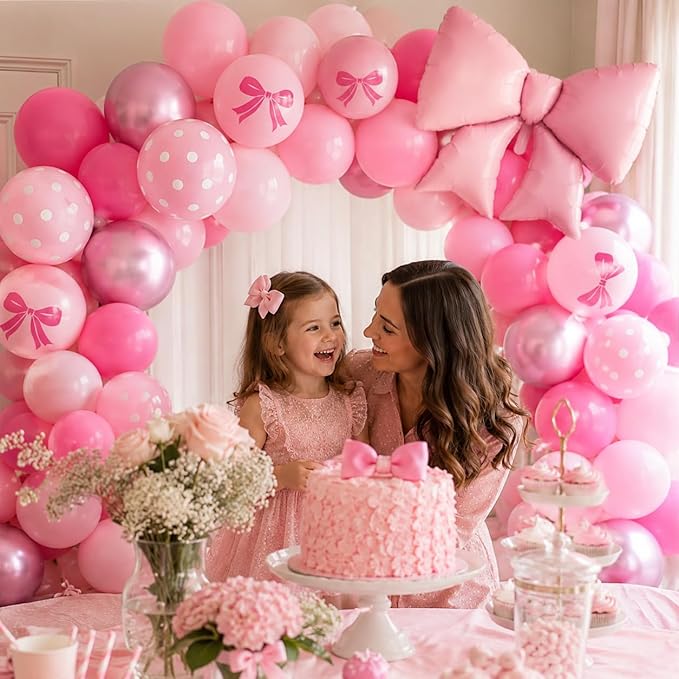 Pink Bow Balloons, 12 Inch Mouse Balloon with Hot Pink Rose Polka Dots Bow Foil Balloon Print Latex Balloons for Mouse Theme Bow's Birthday Party Decoration