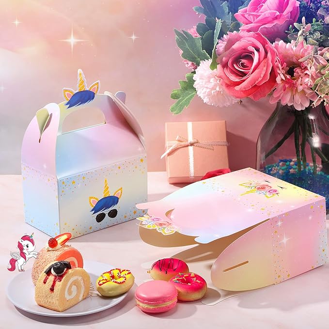 Leinuosen Unicorn Gift Boxes - Rainbow Theme Candy Treat Boxes for Girls & Boys Kids Birthday Party Decorations (Unicorn, 24 Pieces)