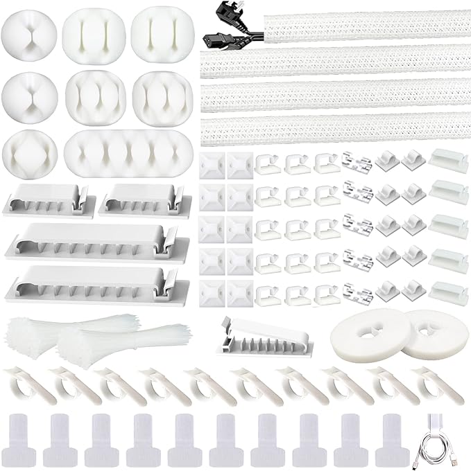 White Cable Management Organizer Kit 4 Cable Sleeve Split,47Cable Clips 12Cord Clips Holder,22 Cable Ties, 20 Adhesive Wall Cable Tie, 200Fasten Cable Ties for TV Electronics