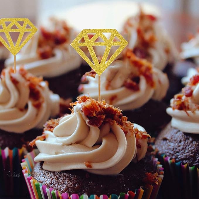 50 Pack Cupcake Toppers Golden Glitter Diamond Cakes Toppers Cupcake Decor Party Cake Decoration Supplies