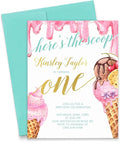 Modern Pink Paper Ice Cream Birthday Invitations for Girls, Ice Cream Invitations Birthday, Your choice of Quantity, Age, Info and Envelope Color