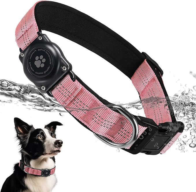 Upgraded AirTag Dog Collar, IP68 Waterproof Air Tag Dog Collar Holder, Reflective, Ultra-Durable, Comfortable Padded, Heavy Duty Dog Collars for Small Medium Large Dogs (XS (10.25"-13"), Pink)