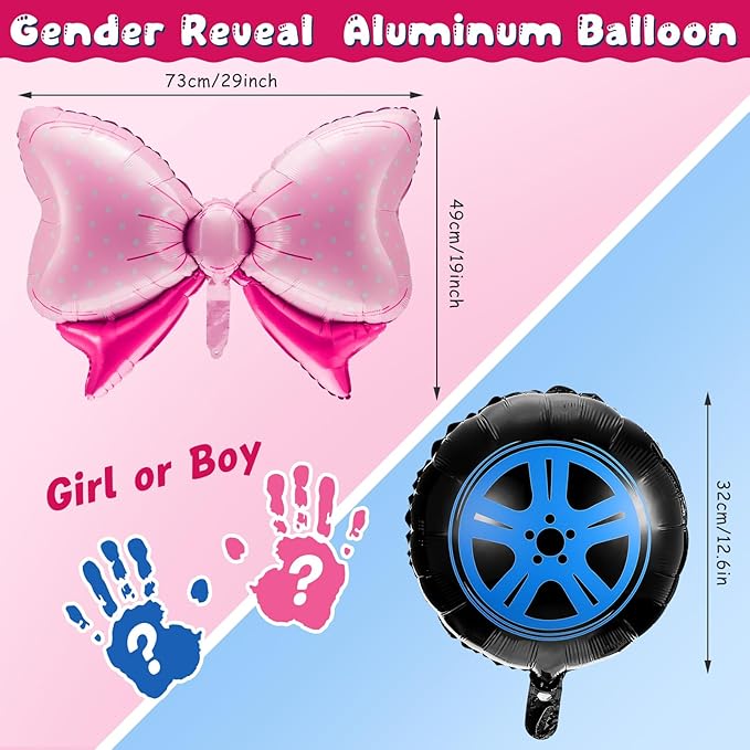 Lewtemi 16 Pcs Burnouts or Bow Foil Balloons Sets Black Blue Car Wheel Gender Reveal Bow Balloons for Baby Shower Gender Reveal Wedding Birthday Party Decoration