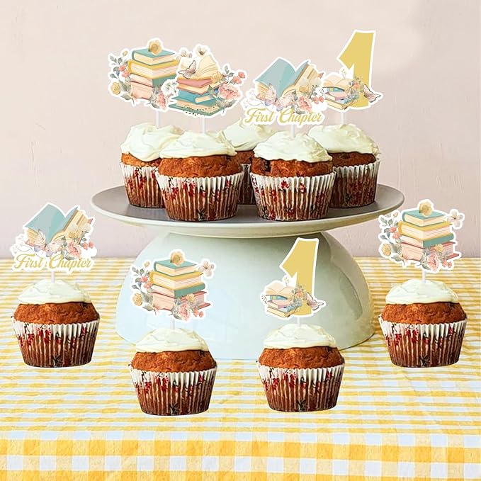 Cheereveal 24Pcs Storybook Cupcake Toppers, Storybook 1st Birthday Cupcake Picks, First Chapter Book Club Themed 1st Bday Baby Shower Decorations Supplies