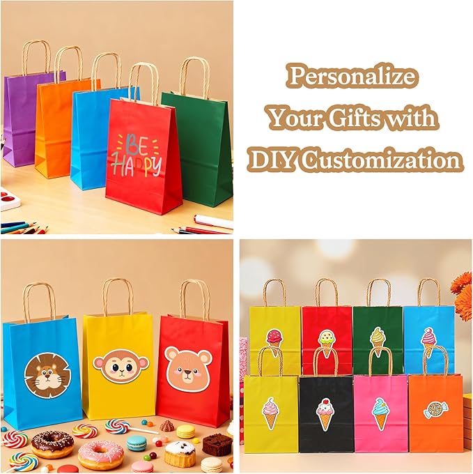 100 PCS Small Gift Bags with Handles, 5.91"x3.15"x8.27" Party Favor Bags, 12 Colored Goodie Bags for Birthday Party, Kraft Paper Gift Bags Bulk for Wedding, Baby Shower, Celebrations, Party Supplies