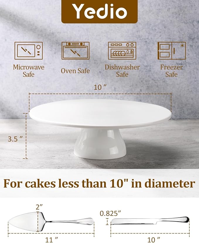 10 Inch Porcelain Cake Stand with Knife and Server Set, White Round Dessert Stand for Cakes Under 10”, Stable Base Cake Display for Birthday, Wedding, Party & Home Baking