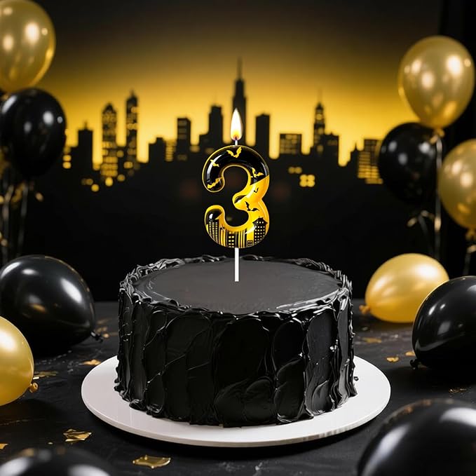 Black Yellow Number 3 Birthday Candle for Cake – Dark Night Hero Style with Bat & City Silhouette Design – Unique Cake Topper for Birthday, Anniversary, Themed Party Decoration