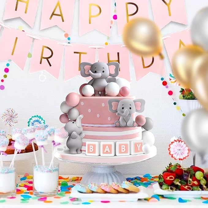 28pcs Elephant Cake Topper Balls Cake Decorations DIY Cake Topper for Boy Girl Birthday Party Decorations (Pink)