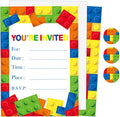 Wiooffen Children Boys Birthday Party Invitations Building Blocks Party Supplies, Stacking Block Bricks Invitation Cards Set with Sticker Labels Envelopes Birthday Decorations for 24 Guests