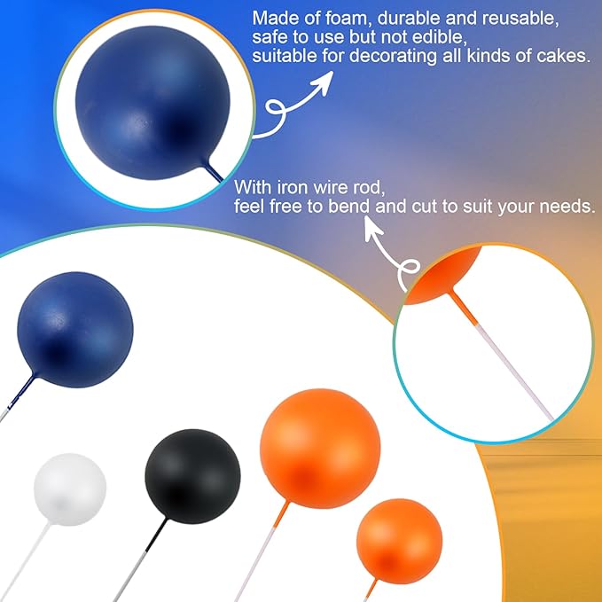 115 PCS Ball Cake Toppers - Mini Balloon Cake Decorations Navy Blue Orange White Gold Foam Ball Cupcake Picks DIY Cake Insert Toppers for Baby Shower Birthday Party Wedding