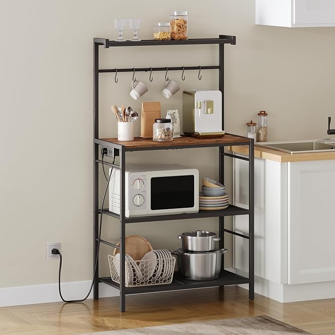 MAHANCRIS Bakers Rack with Power Outlet, Kitchen Storage Shelf with 6 Hooks, Microwave Stand with Storage, 4-Tier Coffee Bar Station, for Kitchen, Dining Room, Rustic Brown and Black BRHR351E01