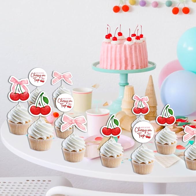 36Pcs She's the Cherry on Top Cupcake Toppers Cherry on Top Baby Shower Cupcake Topper Cherry Bachelorette Cake Decor Summer Cherry Dessert Decor for Girls Women Bachelorette Birthday Baby Shower