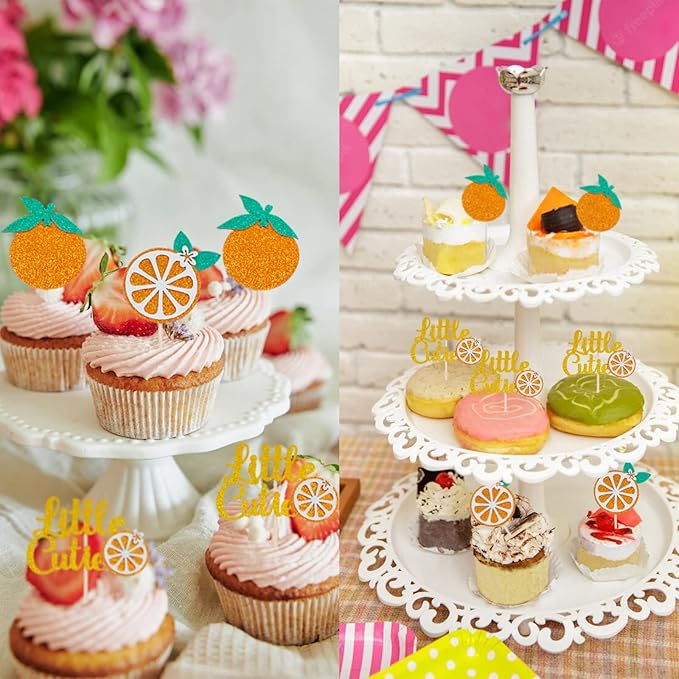 36 Pieces Little Cutie Glitter Cupcake Toppers, Orange Cupcake Picks for Citrus Theme Party, Baby Shower Kids Birthday Party Decorations