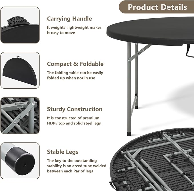 OS MOTOR 5.5ft Round Folding Table with Carry Handle, Portable Heavy Duty Plastic Utility Table with Steel Legs for Party, Wedding, Camping, Indoor, Outdoor Event, 66 Inch, Black