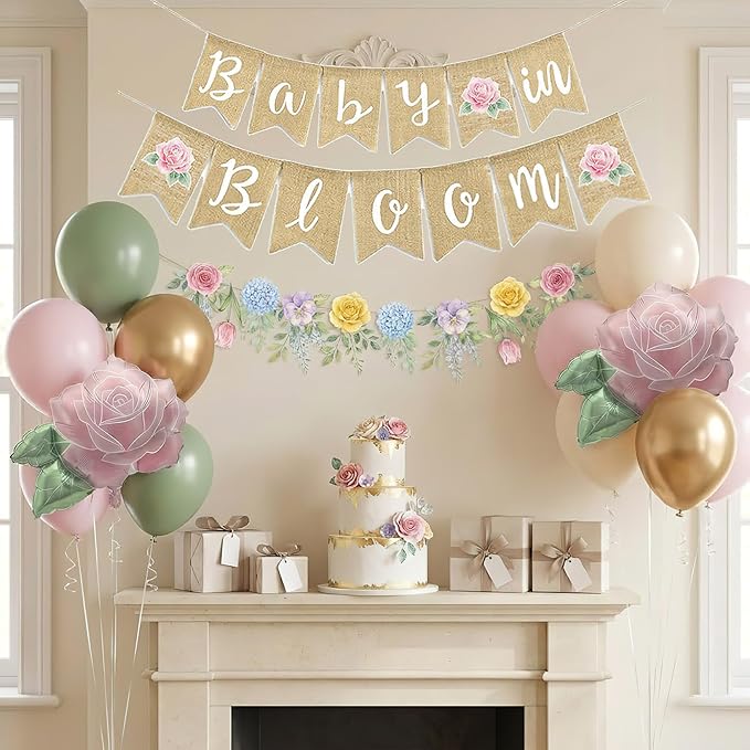 Baby in Bloom Balloon Kit - Dusty Sage Green & Pastel Pink Floral Decorations - Floral Foil Balloons & Banner Set for Girls Boho Baby Shower Spring Garden Birthday Tea Party Supplies