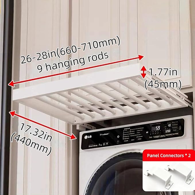 Hidden Pull Out Drying Rack, Extendable Pull Out Trousers Rack, Space Saving, Above Washing Machine Wardrobe, Aluminum Alloy, Tip-On, Depth 17.32in Width 26-28in White