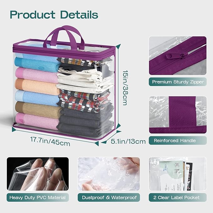 10PACK Clear Zippered Storage Bags for Clothes, 22L Clear Storage Bag, and Blanket Storage Bags for Bedding, Linen, Blankets, Comforters, Clothing & Toys (Purple)