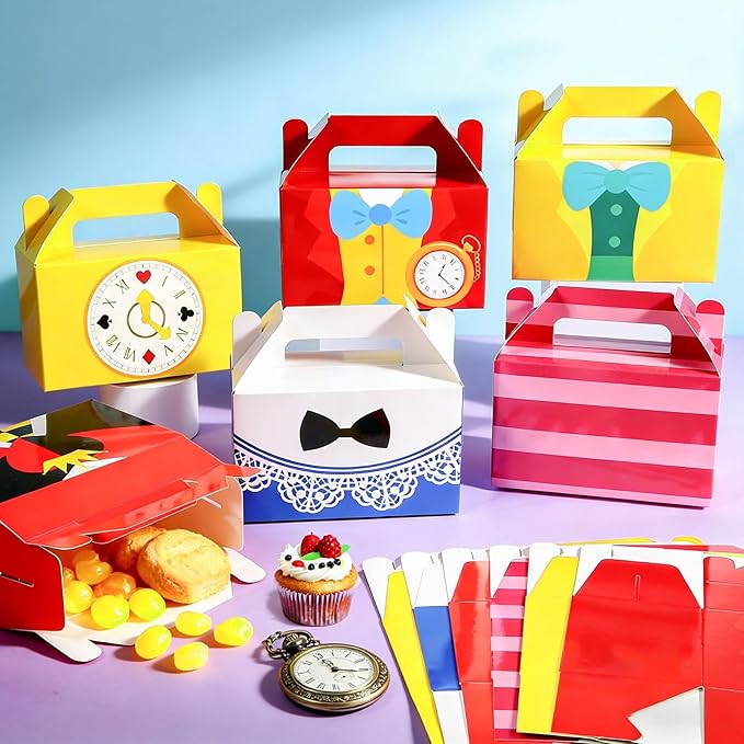 Wonderland Party Decorations Boxes Wonderland Paper Gift Boxes Tea Party Goodie Snack Treat Box with Handles for Tea Theme Parties Fairy Birthday Baby Shower Favors Supplies Decorations（12Pcs）
