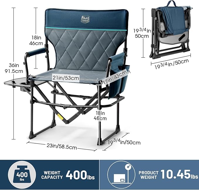 TIMBER RIDGE Aluminum Camping Directors Chair with Side Table Pocket, Portable Folding Chair, Heavy Duty Lawn Chair for Fishing Trip Picnic Concert Outdoor 400lbs, Navy