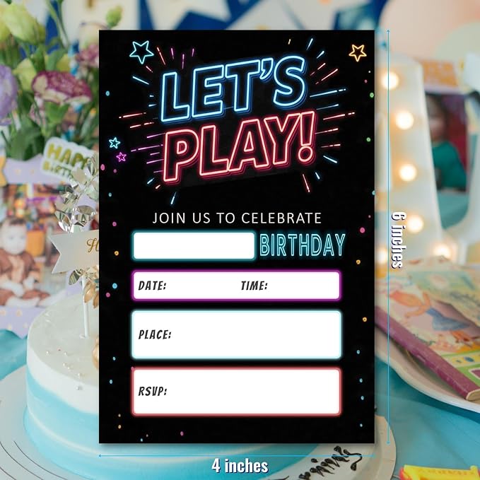 Birthday Party Invitations Let's Play Card Neon Starlight Kit, 25 Pcs 4x6 Inch, Modern Flashing Dark Black Invites for Boy Girl Kids Teens