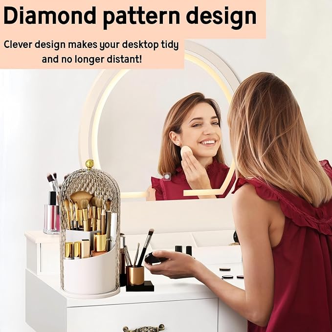 Makeup Brush Holder with Lid,Makeup Brush Storage Box with Diamond Pattern,360 Rotating Waterproof and Dustproof Beauty Brushes Storage for Vanity Bathroom,White