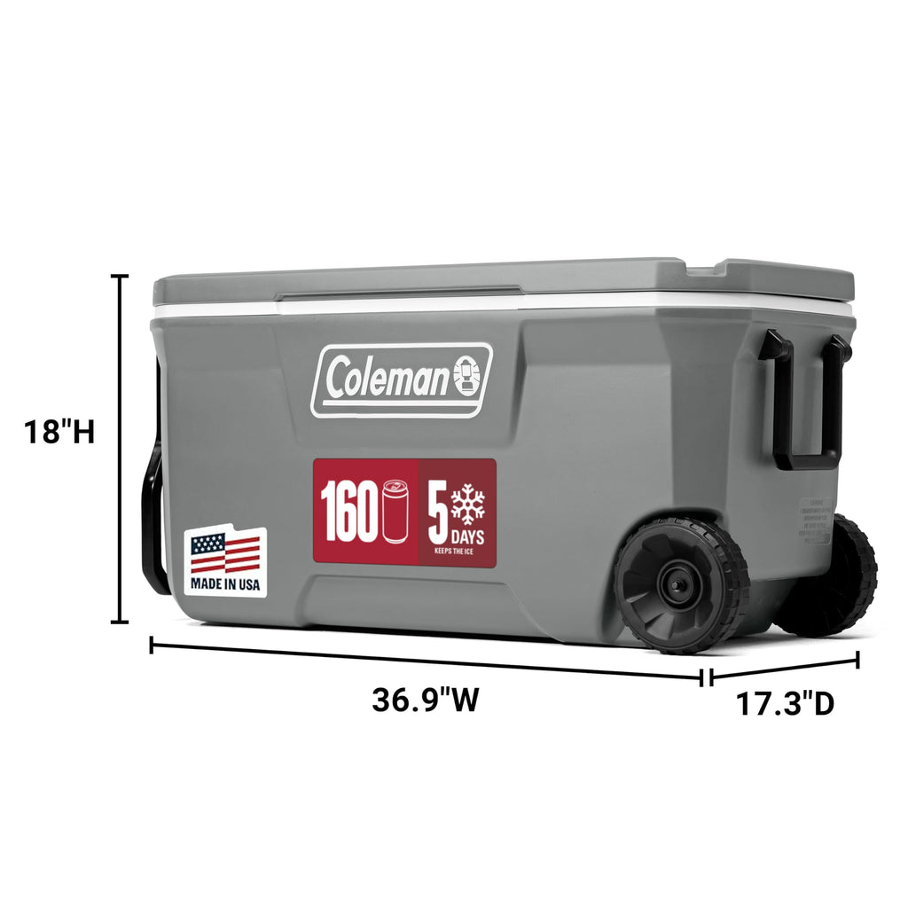 Coleman Classic Series Insulated Portable Rolling Cooler with Wheels, Leak-Resistant Outdoor Hard Cooler Keeps Ice up to 5 Days, 100-Quart