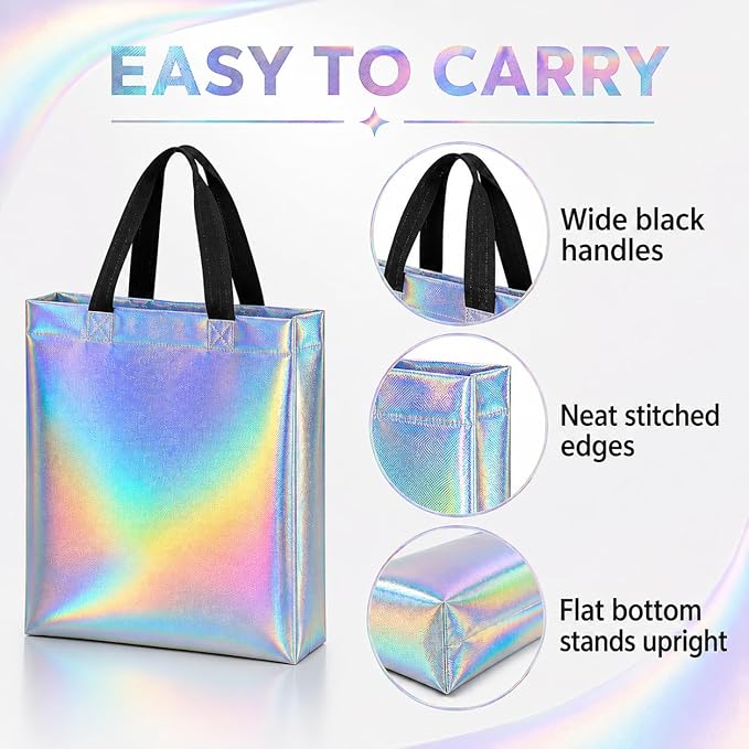 MAQIHAN 6 Pcs Iridescent Gift Bags Bulk - Mother's Day Iridescent Glossy Gifts Bags Medium Size,Reusable Gift Bag with Handles for Birthday Party, Wedding, Party Favor, Christmas, Easter