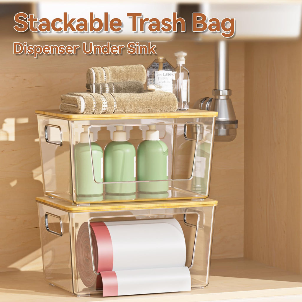 4 Pack Trash Bag Holder with Bamboo Lid Stackable Trashbag Dispenser