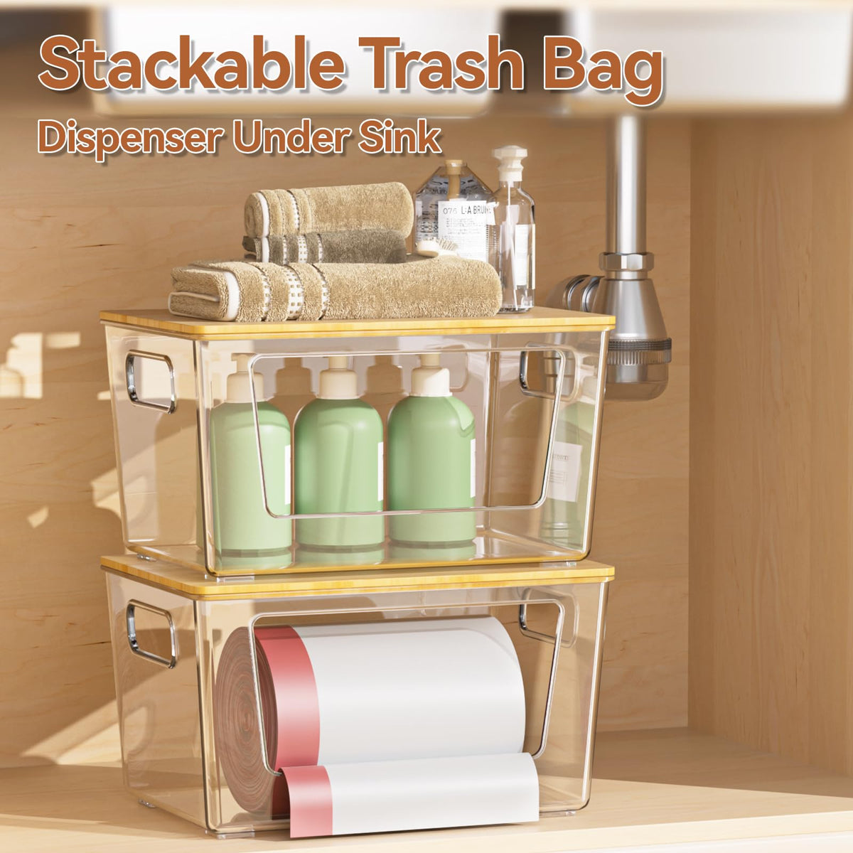 4 Pack Trash Bag Holder with Bamboo Lid Stackable Trashbag Dispenser
