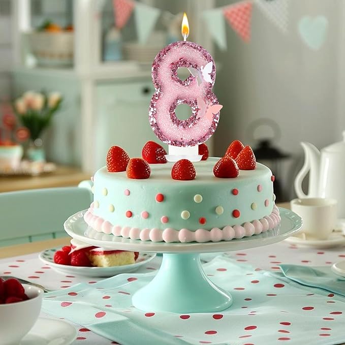 8th Birthday Candles，Glitter Butterfly Cake Toppers Pink Sequins Wedding Numeral Cupcake Decorations，Suitable for Girl and boy Wedding Cakes, Party Celebrations, Birthday Decorations