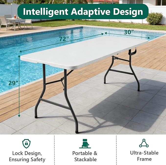Folding Table 2 Pack, 6FT Folding Table Portable with Built-in Handle, Heavy Duty Plastic Table with Steel Legs Supports to 300lbs, Suitable for Party, Camping, Events Indoor&Outdoor Use, White