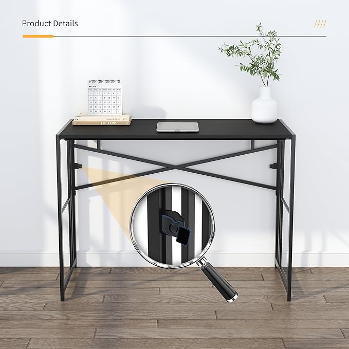 Lutown-Teen Narrow Folding Computer Desk 35 inch, Writing Gaming Computer Desk for Small Spaces, No Assembly Required Small Office Table, Black