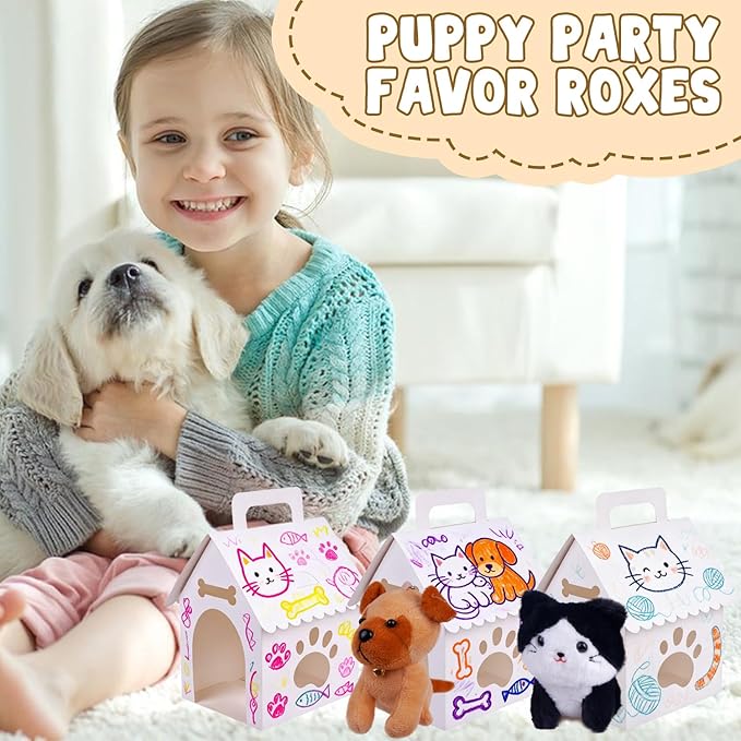 ARELUX 30 Pcs Dog House Shaped Party Favor Boxes, 7 x 4.7 x 3.9 Inches Foldable Pet Adoption Treat Gift Boxes with DIY Stickers - Blank Goodie Bags for Puppy Birthday, Baby Shower, Dog Themed Events