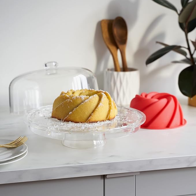 Twine Multi-Functional Acrylic Server with Bundt Cake Mold, Dessert Serving Platter Set, Cake Pan, Cake Stand, Clear Acrylic, Silicone, 4-Piece Set