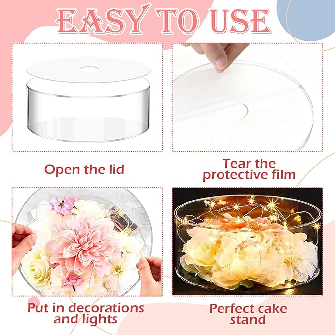 3 Pcs Acrylic Cake Stand Set with LED Lights – 6'', 8'', 10'' Clear Round Fillable Display Risers with 3 Mini Signs & 2 Marker Pens for Wedding, Birthday, Party, Buffet Food and Dessert Display